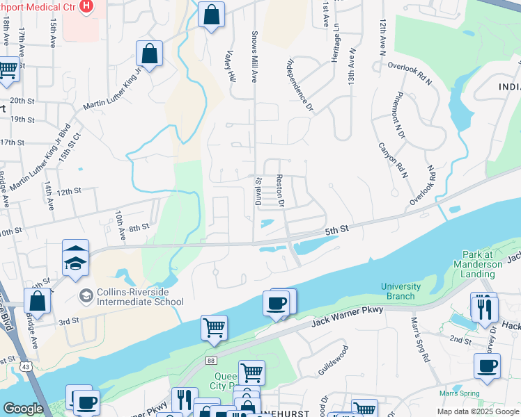 map of restaurants, bars, coffee shops, grocery stores, and more near 1730 Duval Street in Tuscaloosa