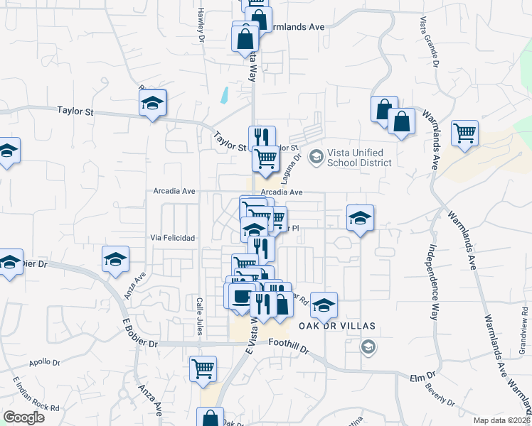 map of restaurants, bars, coffee shops, grocery stores, and more near 1134 Madera Lane in Vista