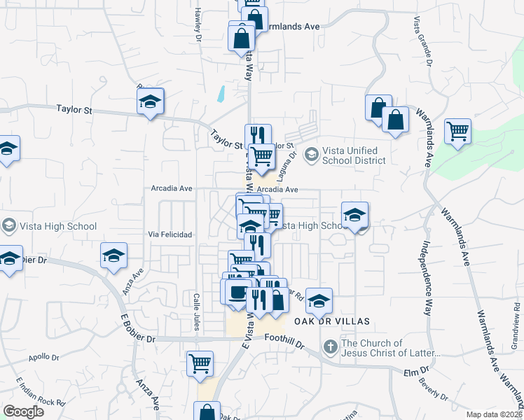map of restaurants, bars, coffee shops, grocery stores, and more near 1126 Madera Lane in Vista