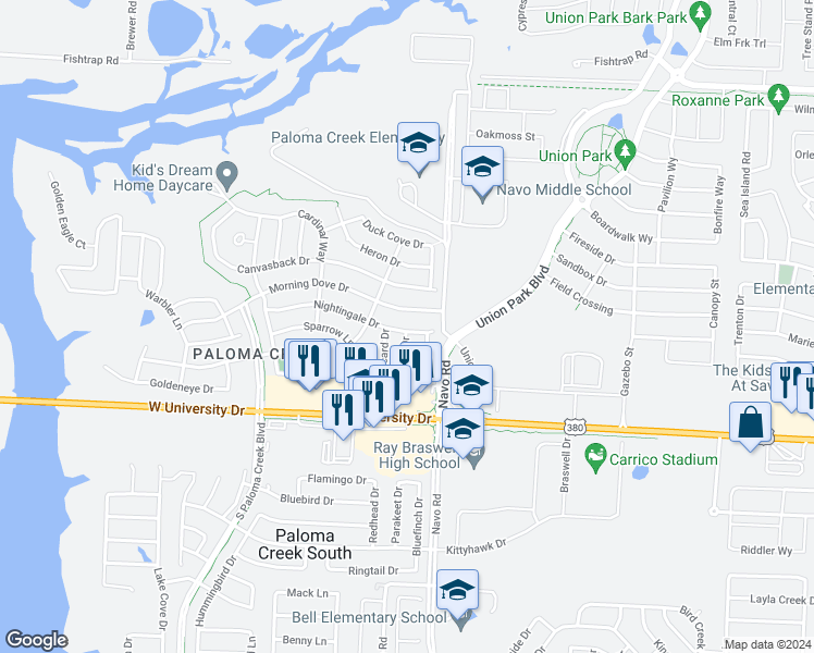 map of restaurants, bars, coffee shops, grocery stores, and more near 1901 Nightingale Drive in Aubrey