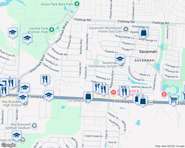map of restaurants, bars, coffee shops, grocery stores, and more near 809 Marietta Lane in Aubrey