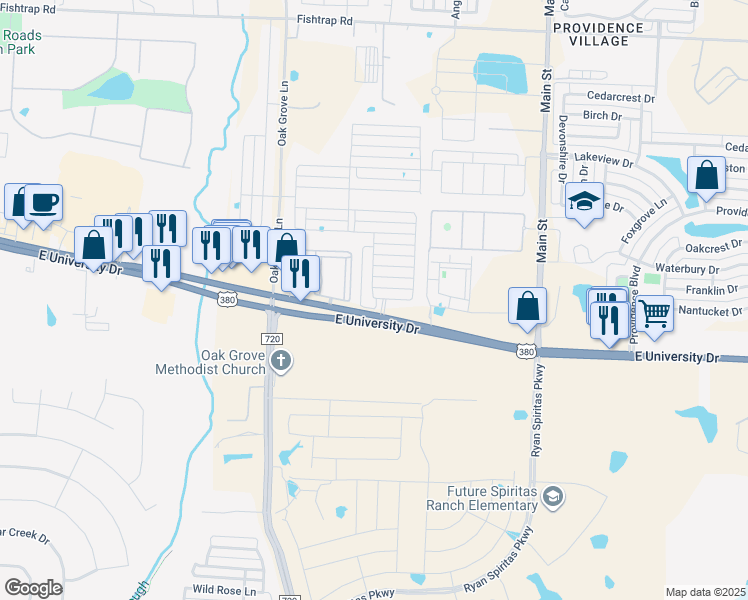 map of restaurants, bars, coffee shops, grocery stores, and more near 26501 U.S. 380 in Aubrey