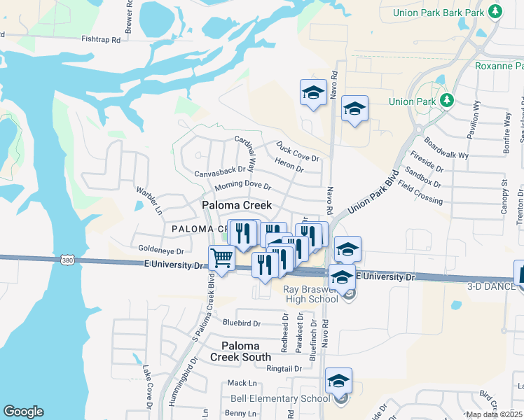 map of restaurants, bars, coffee shops, grocery stores, and more near 1701 Sparrow Lane in Aubrey