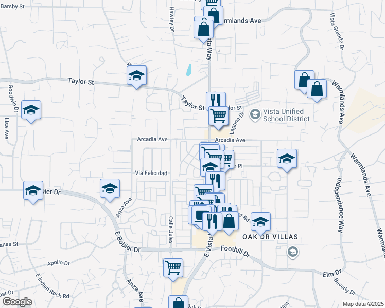 map of restaurants, bars, coffee shops, grocery stores, and more near 1600 East Vista Way in Vista