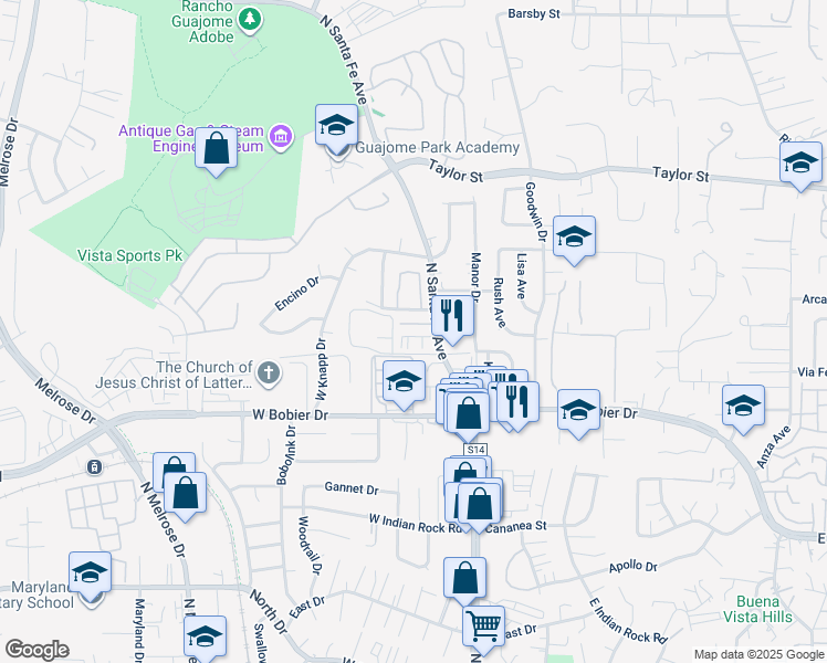 map of restaurants, bars, coffee shops, grocery stores, and more near 1610 North Santa Fe Avenue in Vista