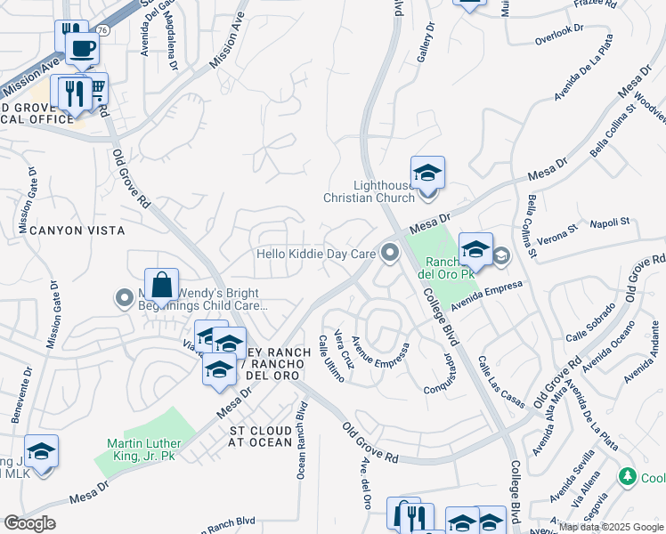 map of restaurants, bars, coffee shops, grocery stores, and more near 1292 El Mercado Way in Oceanside