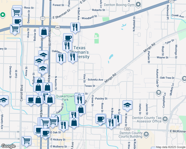 map of restaurants, bars, coffee shops, grocery stores, and more near 629 Schmitz Avenue in Denton