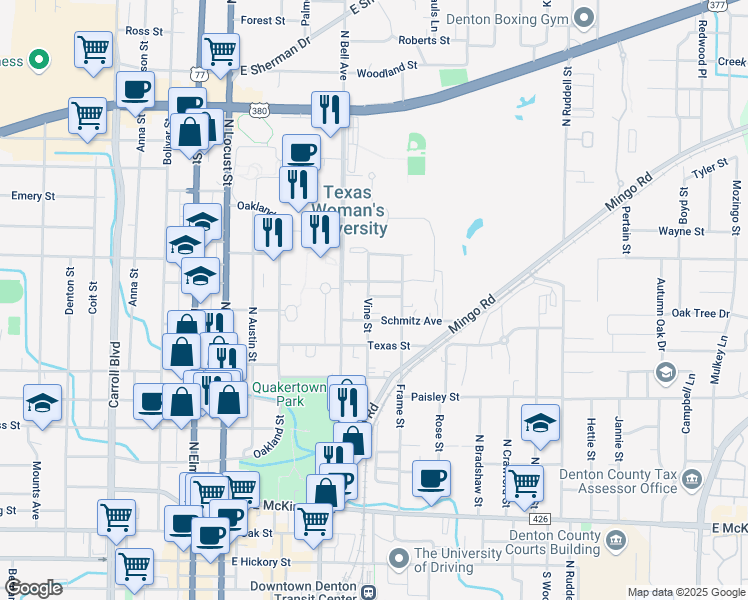 map of restaurants, bars, coffee shops, grocery stores, and more near 1113 Vine Street in Denton