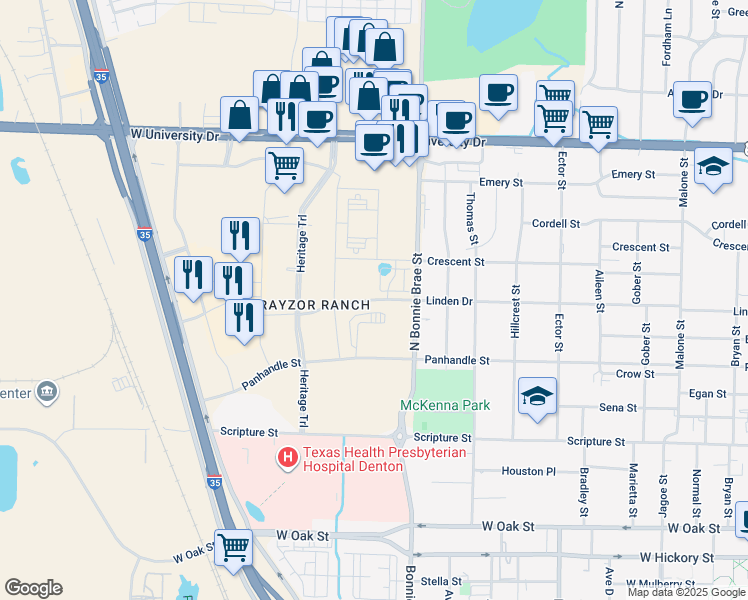 map of restaurants, bars, coffee shops, grocery stores, and more near 801-999 N Bonnie Brae St in Denton