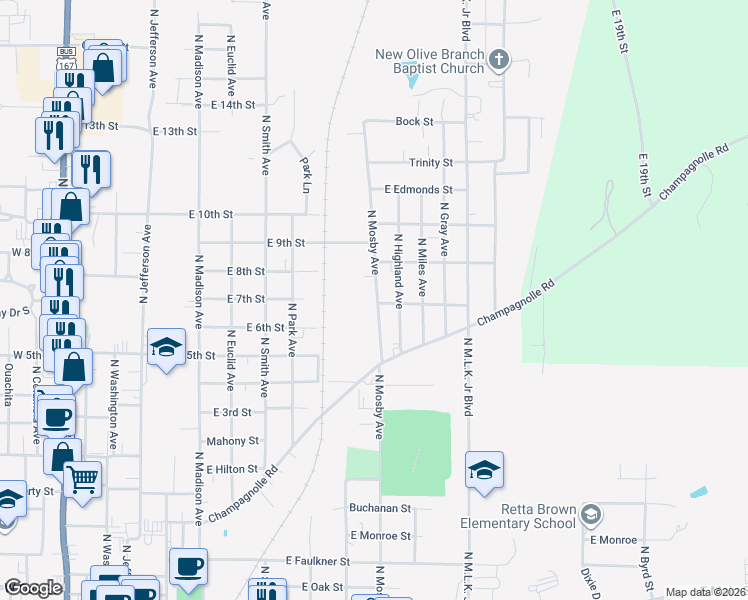 map of restaurants, bars, coffee shops, grocery stores, and more near 1137 North Mosby Avenue in El Dorado