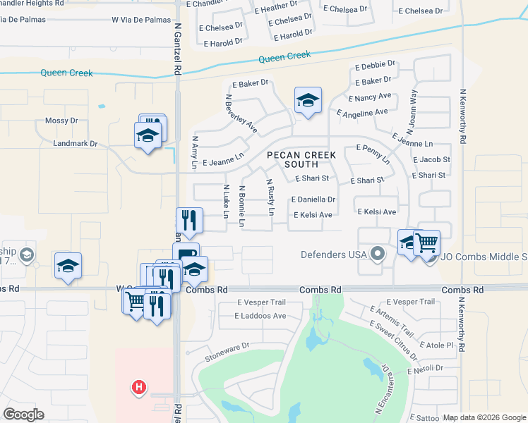 map of restaurants, bars, coffee shops, grocery stores, and more near 733 East Kelsi Avenue in Queen Creek