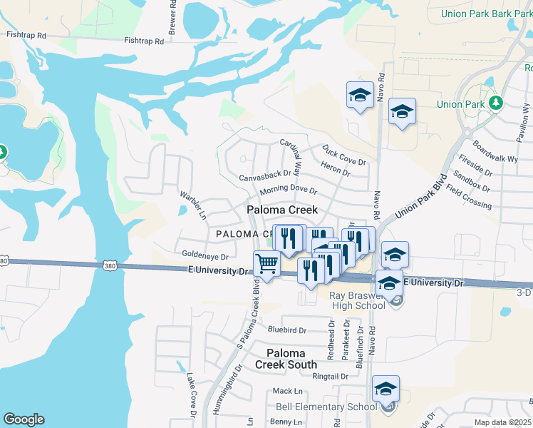 map of restaurants, bars, coffee shops, grocery stores, and more near 822 Partridge Drive in Aubrey