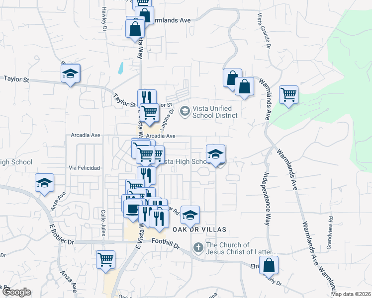 map of restaurants, bars, coffee shops, grocery stores, and more near Monique Court in Vista