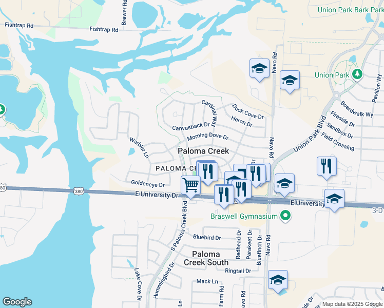 map of restaurants, bars, coffee shops, grocery stores, and more near 822 Partridge Drive in Aubrey