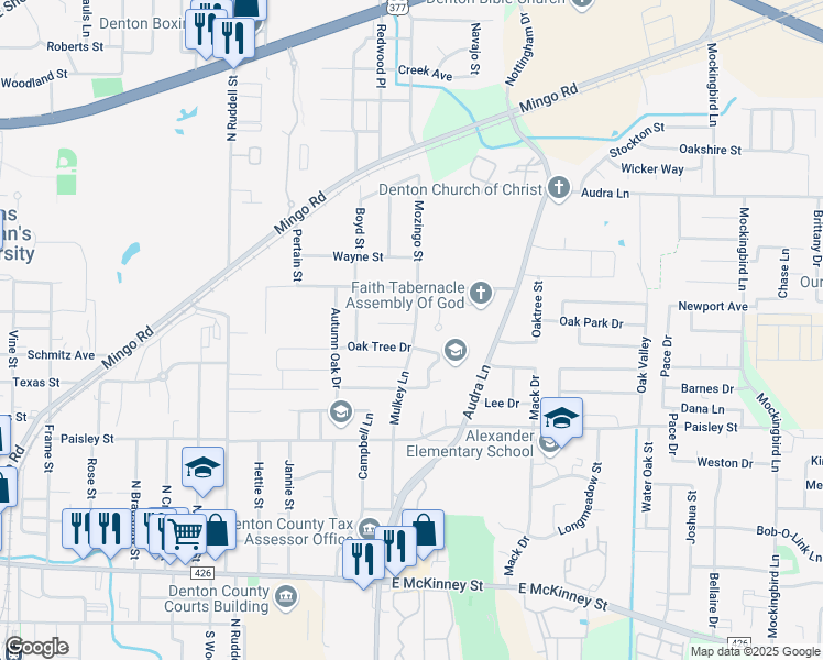 map of restaurants, bars, coffee shops, grocery stores, and more near 1803 Oak Tree Drive in Denton