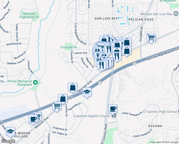 map of restaurants, bars, coffee shops, grocery stores, and more near 127 Warner Street in Oceanside