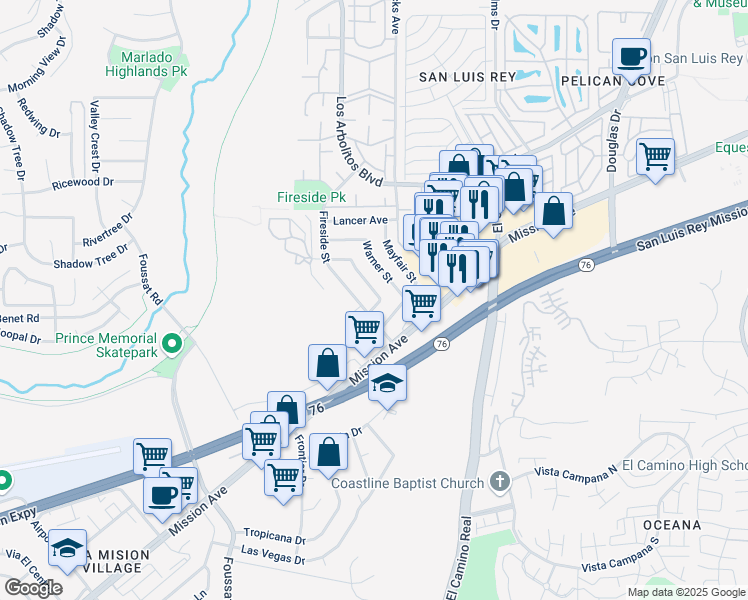 map of restaurants, bars, coffee shops, grocery stores, and more near 131 Heritage Street in Oceanside