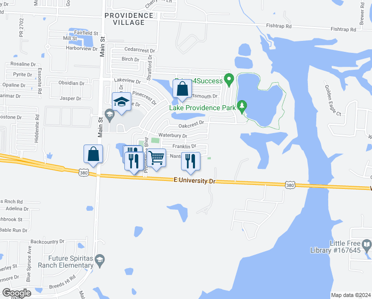map of restaurants, bars, coffee shops, grocery stores, and more near 10300 Franklin Drive in Denton County