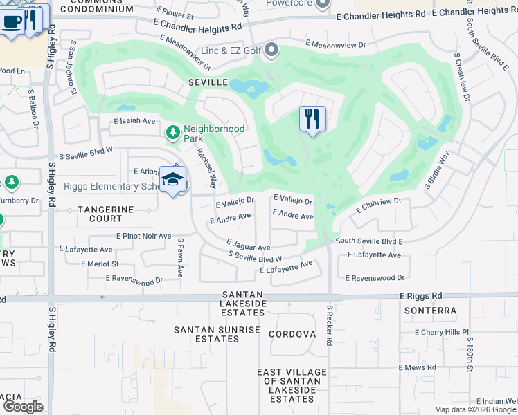 map of restaurants, bars, coffee shops, grocery stores, and more near 6972 South View Lane in Gilbert