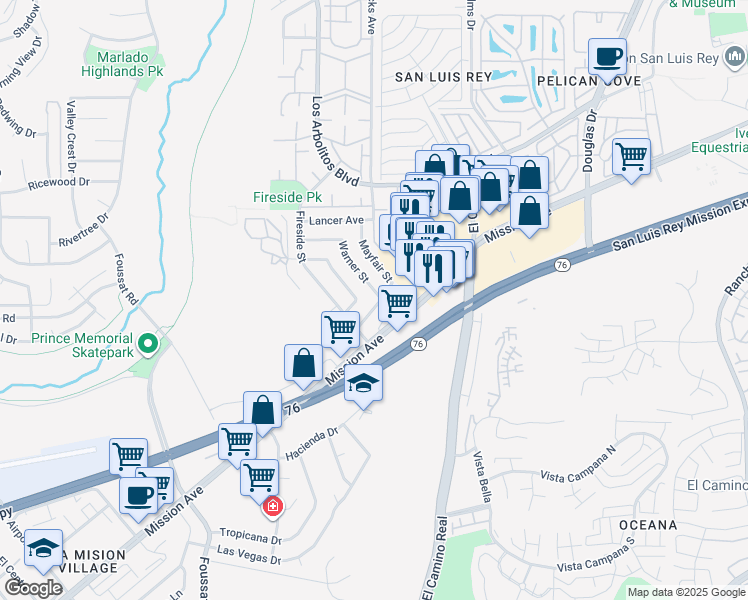 map of restaurants, bars, coffee shops, grocery stores, and more near 127 Warner Street in Oceanside