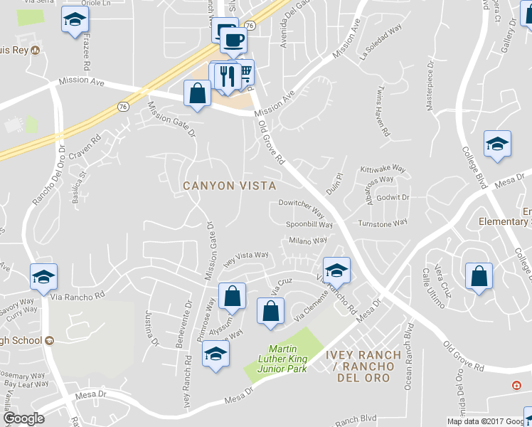 map of restaurants, bars, coffee shops, grocery stores, and more near 4273 Spoonbill Way in Oceanside