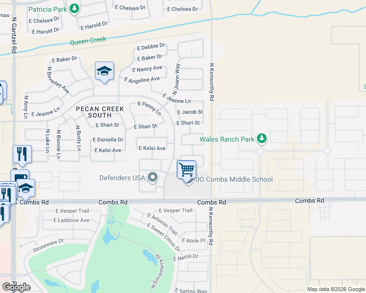 map of restaurants, bars, coffee shops, grocery stores, and more near 1621 East Kelsi Avenue in San Tan Valley