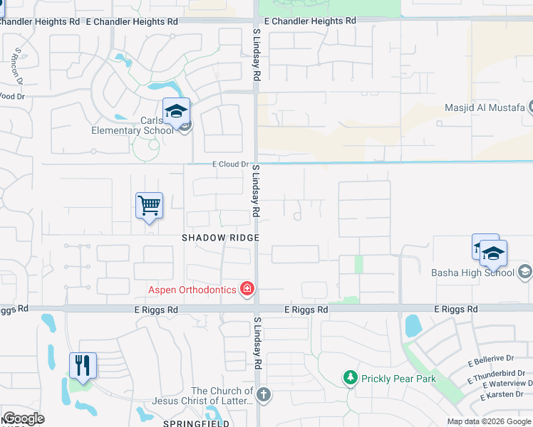 map of restaurants, bars, coffee shops, grocery stores, and more near 24745 South Lindsay Road in Chandler