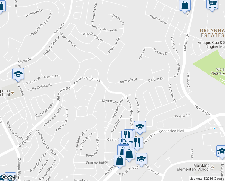 map of restaurants, bars, coffee shops, grocery stores, and more near 1385 Temple Heights Drive in Oceanside