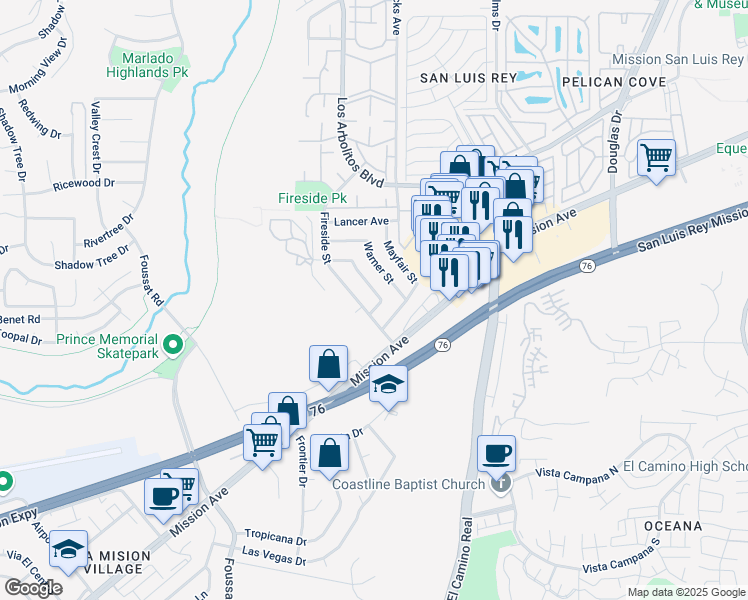 map of restaurants, bars, coffee shops, grocery stores, and more near 131 Heritage Street in Oceanside
