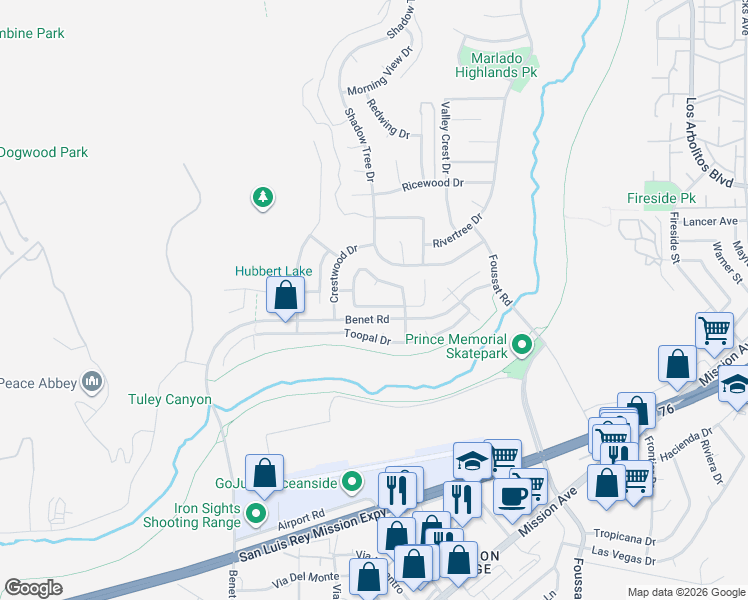 map of restaurants, bars, coffee shops, grocery stores, and more near 3272 Canyon View Drive in Oceanside