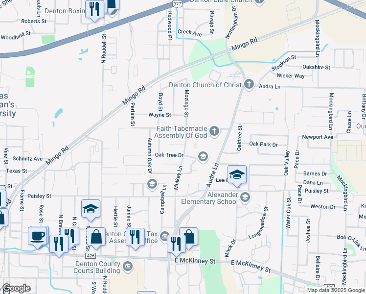 map of restaurants, bars, coffee shops, grocery stores, and more near 1803 Oak Tree Drive in Denton