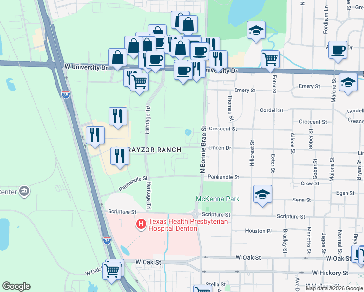 map of restaurants, bars, coffee shops, grocery stores, and more near 801-999 N Bonnie Brae St in Denton