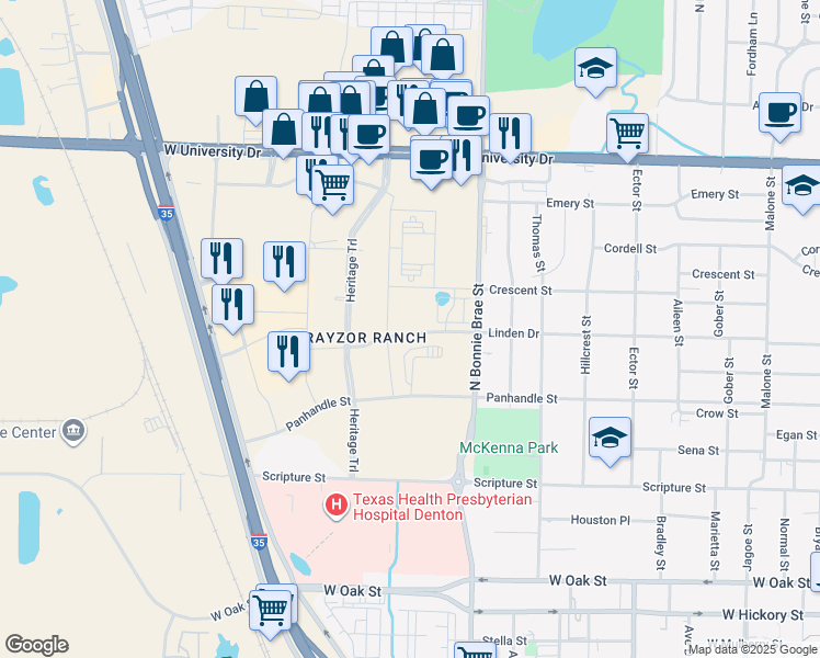 map of restaurants, bars, coffee shops, grocery stores, and more near 801-999 N Bonnie Brae St in Denton