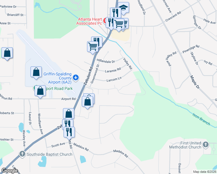 map of restaurants, bars, coffee shops, grocery stores, and more near 101 Elmwood Court in Griffin