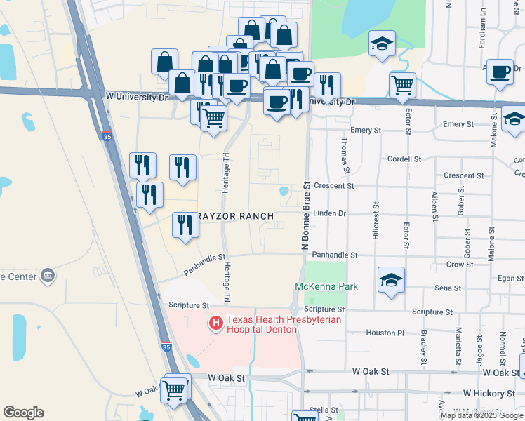 map of restaurants, bars, coffee shops, grocery stores, and more near 801-999 N Bonnie Brae St in Denton