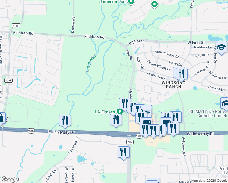 map of restaurants, bars, coffee shops, grocery stores, and more near 628 Gee Road in Prosper