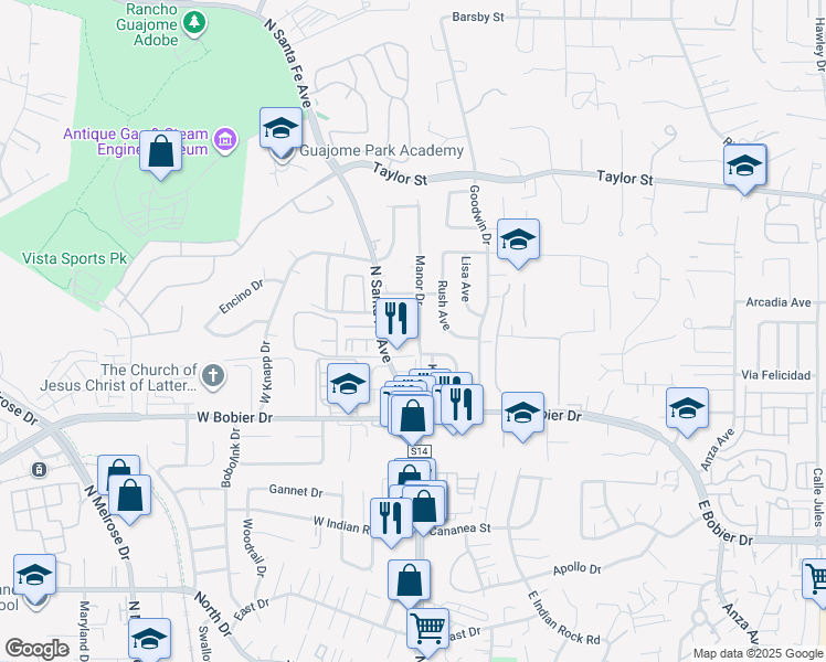 map of restaurants, bars, coffee shops, grocery stores, and more near 1628 Manor Drive in Vista