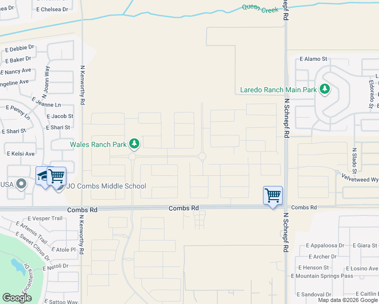 map of restaurants, bars, coffee shops, grocery stores, and more near 2630 East Combs Road in San Tan Valley