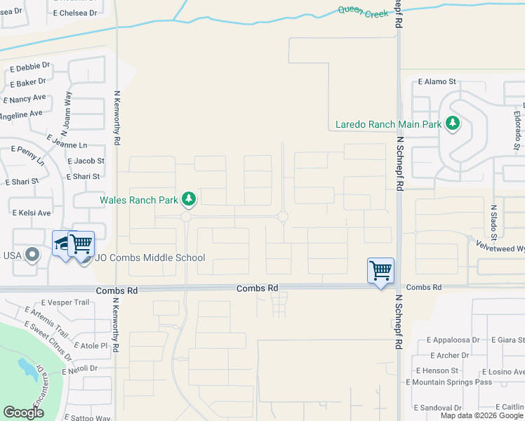 map of restaurants, bars, coffee shops, grocery stores, and more near 2630 East Combs Road in San Tan Valley