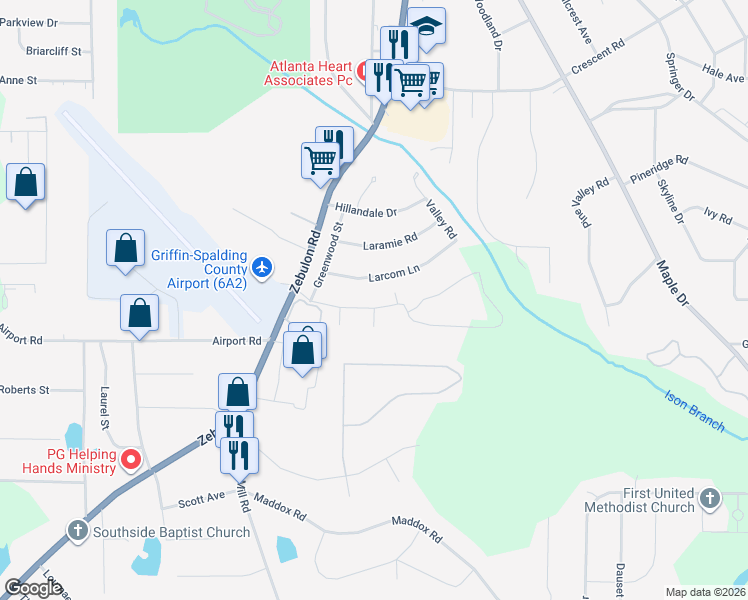 map of restaurants, bars, coffee shops, grocery stores, and more near 101 Elmwood Court in Griffin