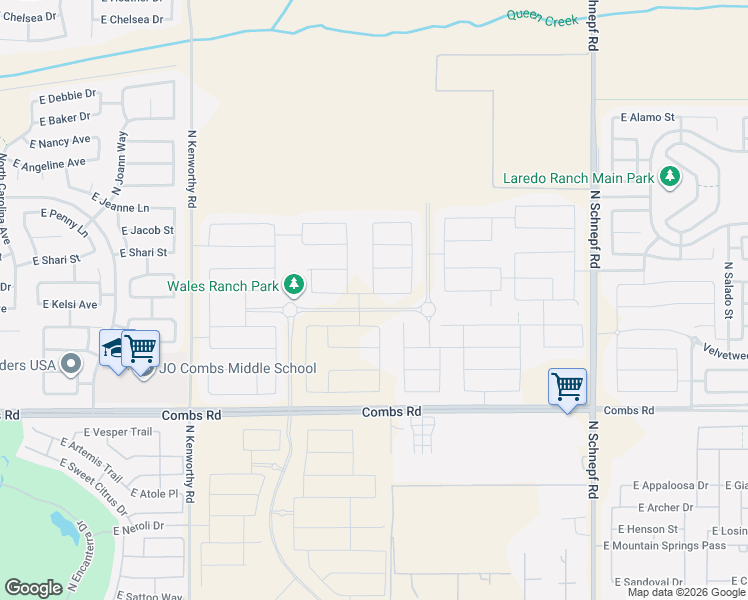 map of restaurants, bars, coffee shops, grocery stores, and more near 2501 East Combs Road in San Tan Valley