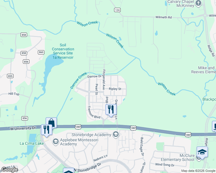 map of restaurants, bars, coffee shops, grocery stores, and more near 2505 Fitzgerald Avenue in McKinney