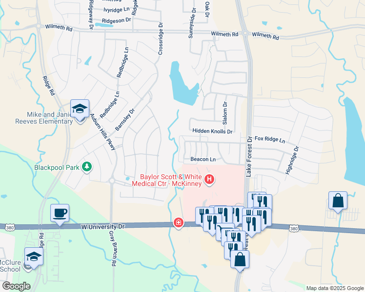 map of restaurants, bars, coffee shops, grocery stores, and more near 2233 Canyon Point in McKinney