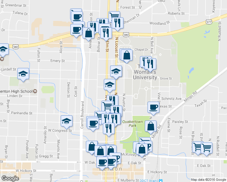 map of restaurants, bars, coffee shops, grocery stores, and more near 1099 North Locust Street in Denton