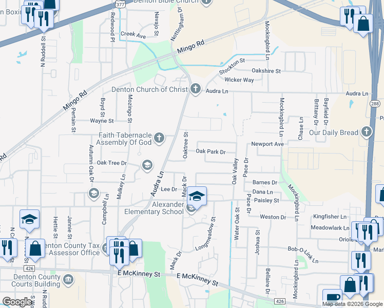 map of restaurants, bars, coffee shops, grocery stores, and more near 1104 Oak Tree Drive in Denton