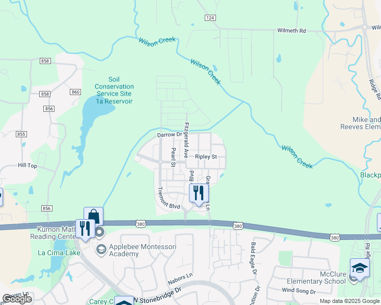 map of restaurants, bars, coffee shops, grocery stores, and more near 7308 Ripley Street in McKinney