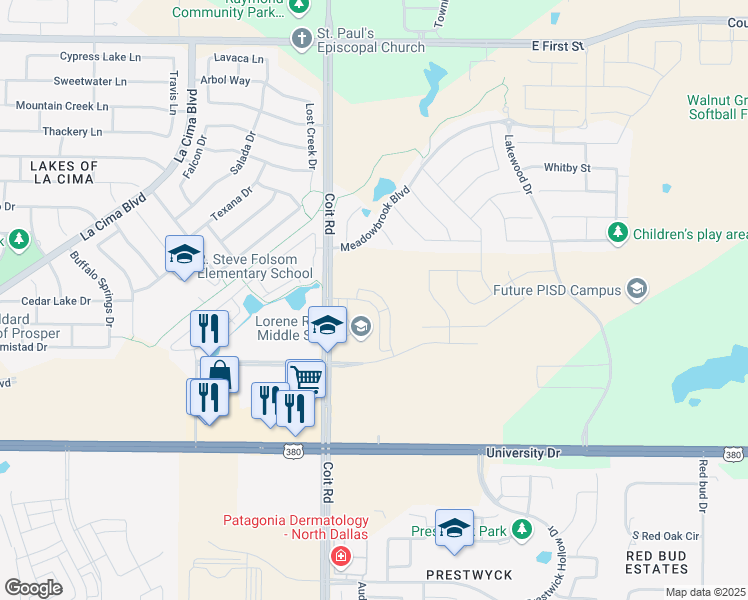 map of restaurants, bars, coffee shops, grocery stores, and more near 1001 Coit Road in Prosper