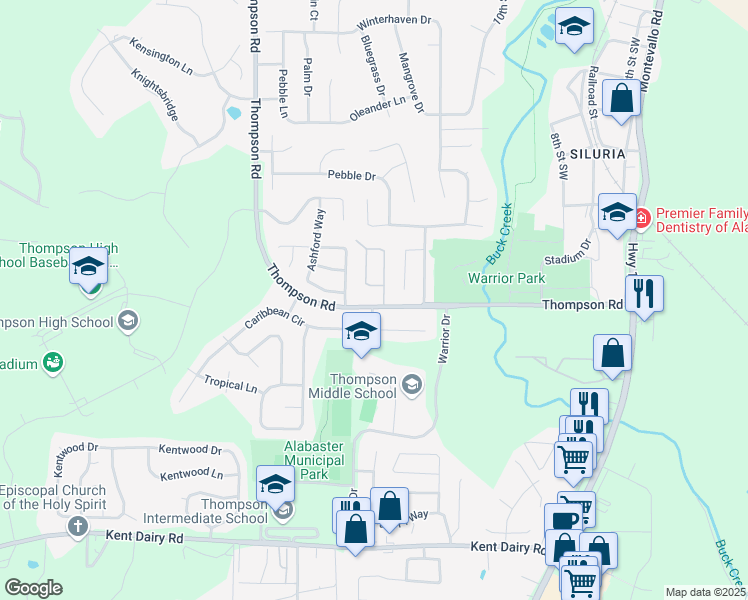 map of restaurants, bars, coffee shops, grocery stores, and more near 1102 Thompson Road in Alabaster