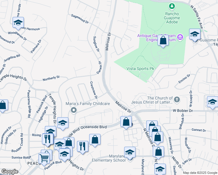 map of restaurants, bars, coffee shops, grocery stores, and more near 1444 Eastview Court in Oceanside