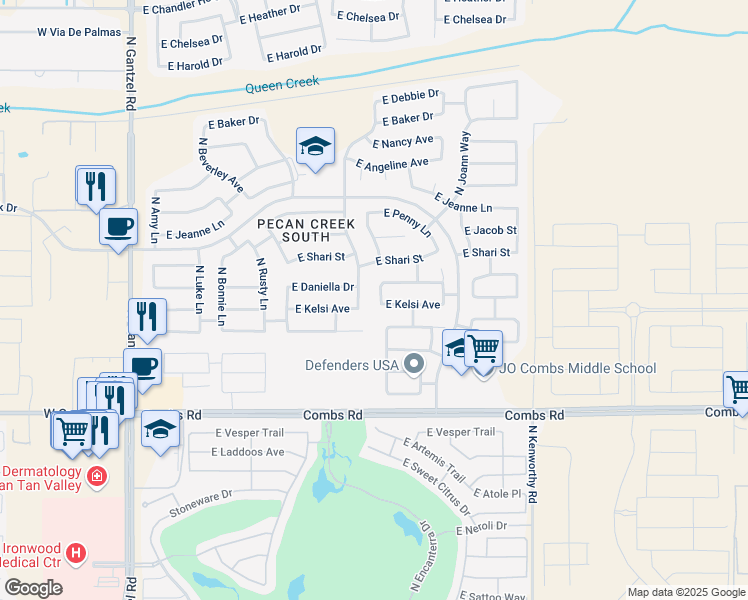map of restaurants, bars, coffee shops, grocery stores, and more near 1135 East Kelsi Avenue in Queen Creek